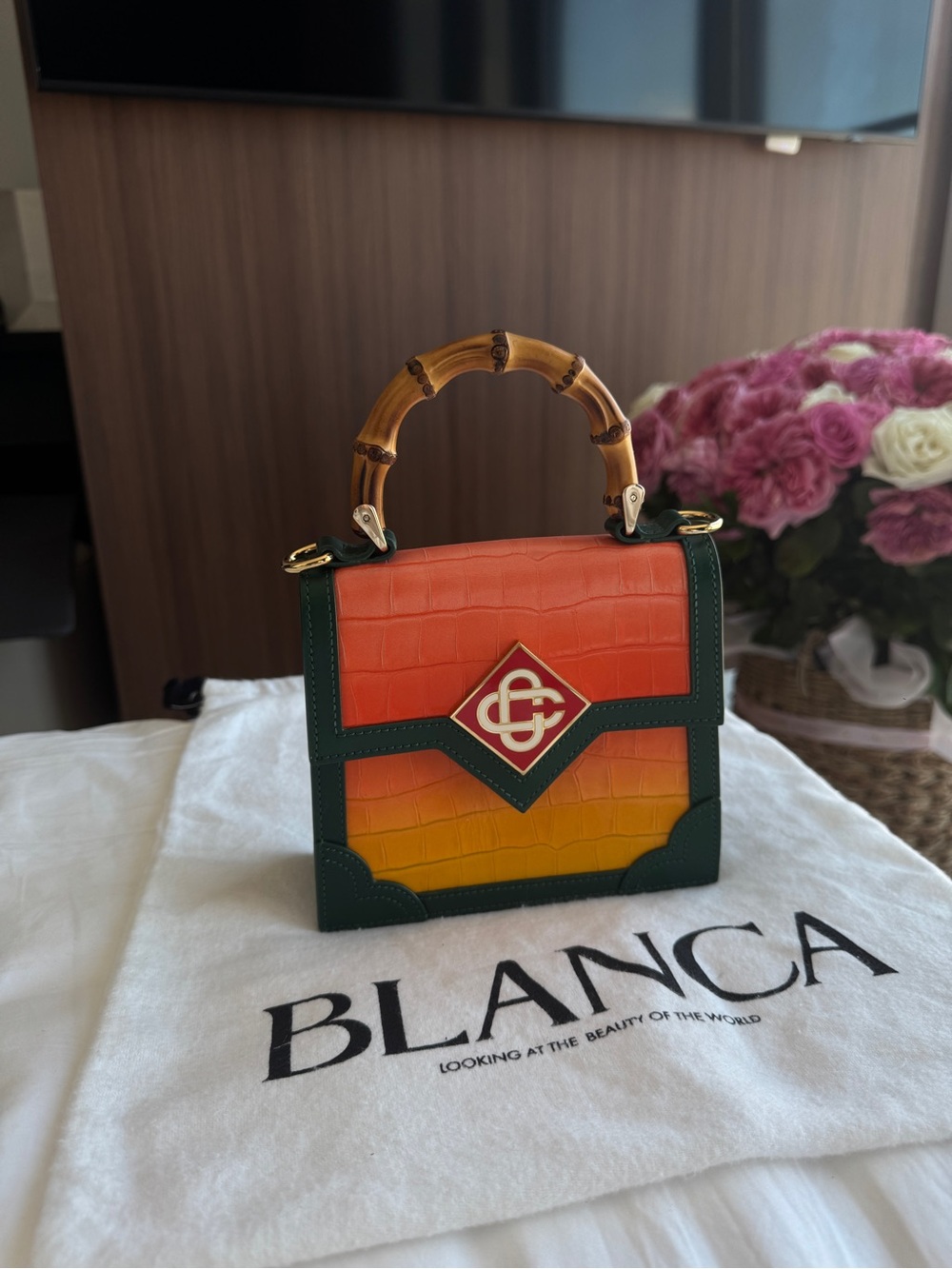 Blanca Gradient Orange-Yellow Croc Mini Top-Handle Bag with Bamboo Handle